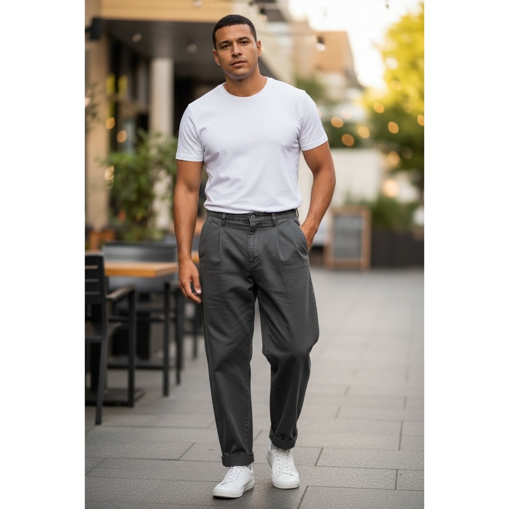 Mens Pleated Chino Pants Charcoal Gray Relaxed Fit Tapered Cotton Trousers